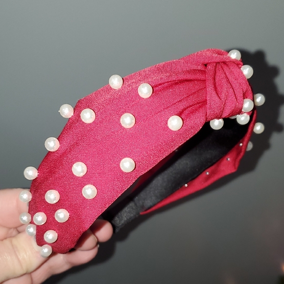 New handmade boutique pearl top knot flexible wide headband red main image 4